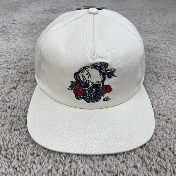 Quiksilver Mean Doggin Hat Birch & Black Rose Skull‎ Snapback Baseball Cap NWT - Picture 1 of 7